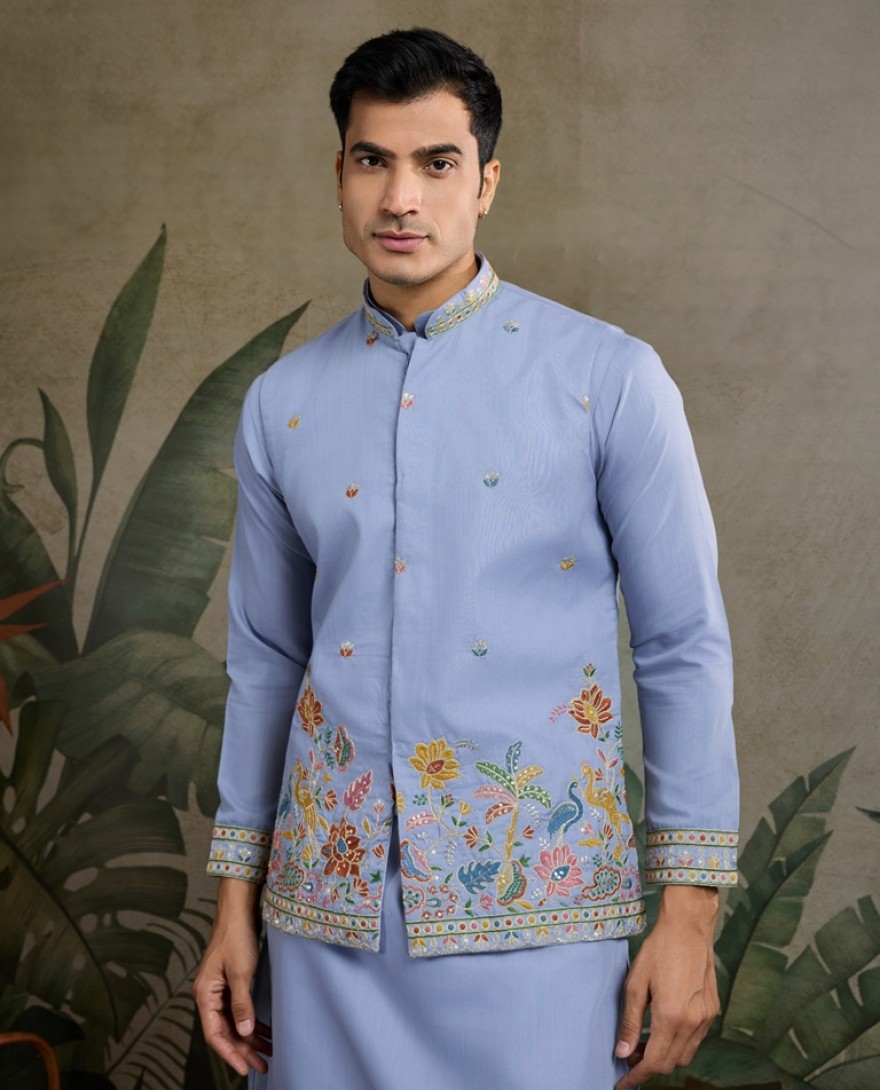 61237-blue - Sky Blue Men's Kurta Koti Set – Stylish & Elegant